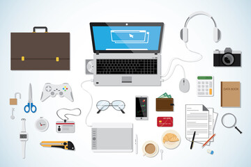 top view business desk, workplace concept, white collection