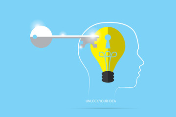 unlock lightbulb master key with head outline, idea and business concept
