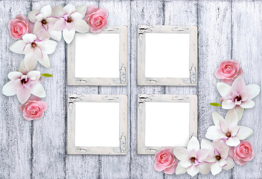 Retro photo frames with magnolia flowers and roses