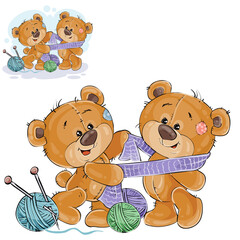 Vector illustration of a brown teddy bear tie a knitted scarf on the neck of another teddy bear, handicrafts. Print, template, design element