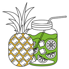 silhouette color section of pineapple fruit and bottle with citrus drink vector illustration