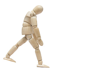 Wood Mannequin Walking disappointed concept on isolate white background.