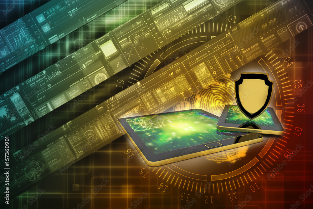Poster 3d rendering tablet with shield