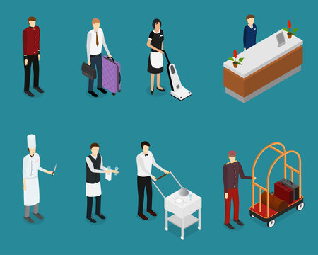 Hotel Service People Staff Set Isometric View. Vector