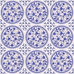 Gorgeous seamless pattern of Chinese tiles. Floral stylish background in shades of blue