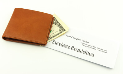 Brown wallet cash with purchase requisition on a white background