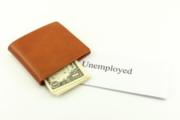 Brown wallet cash with unemployed on a white background