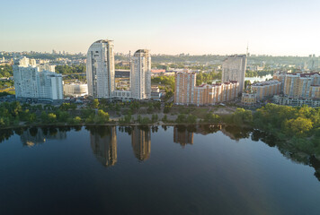 Fototapeta na wymiar Aerial view of new modern residential Obolon district near Dnieper river in Kiev city, Ukraine 