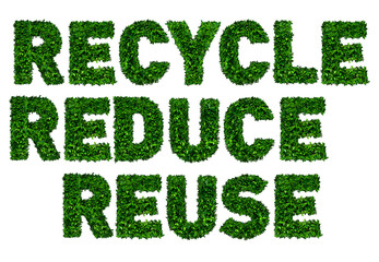 Recycle, reuse and reduce, used by green leafs on white background