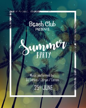 Summer party poster design template with palm trees