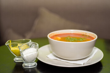 Red vegetable soup in restaurant