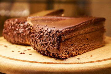 Pieces of fresh cake with chocolate