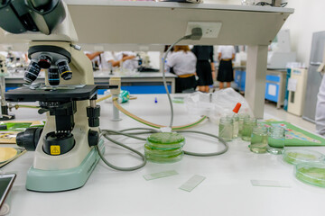 Laboratory Equipment - Optical Microscope. Microscope is used for conducting planned, research experiments, educational demonstrations in medical and health institutions, laboratories. Close up photo.