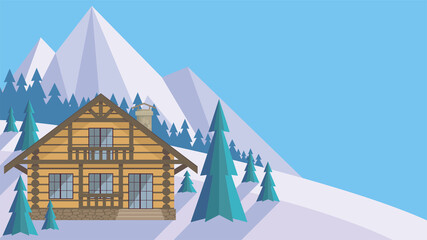 The image of a chalet in snowy mountains. Beautiful winter landscape. Vector background.