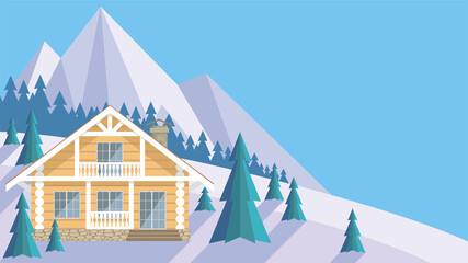 Obraz na płótnie Canvas The image of a chalet in snowy mountains. Beautiful winter landscape. Vector background.