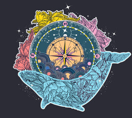 Fototapeta premium Antyczny kompas i kwiatowy tatuaż wieloryba. Mistyczny symbol przygody, marzeń. Projekt koszulki z kompasem i wielorybem i kolorowy tatuaż. Podróże, przygoda, wieloryb symbol na zewnątrz, tatuaż morski