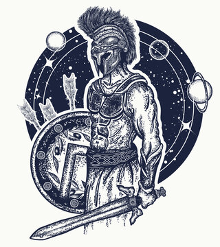 Gladiator spartan warrior holding sword and shield tattoo art. Symbol of bravery, force, army, hero. Spartan warrior t-shirt design. Legionary of ancient Rome and ancient Greece