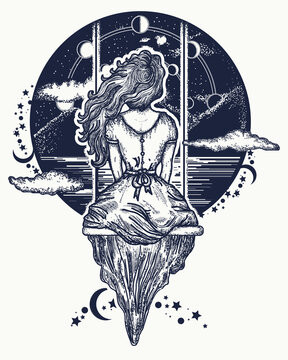 Girl on swing flies to sky.  Symbol of dream,love, imagination, adventures. Romantic girl shakes on swing against background of mountains and stellar sky tattoo and t-shirt design