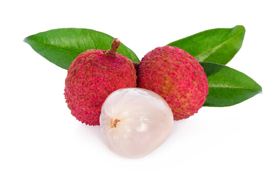 Sweet lychees fruits with green leaf isolated on white background, Close up.