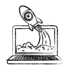 monochrome blurred silhouette of laptop computer and space rocket vector illustration
