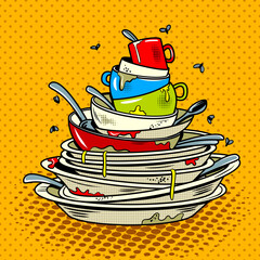 Dirty dishes comic book style vector illustration