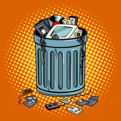 Old gadgets in trash can pop art style vector
