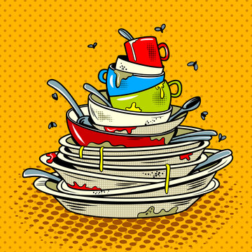 Dirty Dishes Comic Book Style Vector Illustration