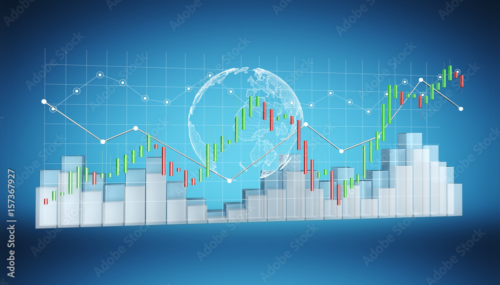 Aufkleber Digital 3D rendered stock exchange stats and charts