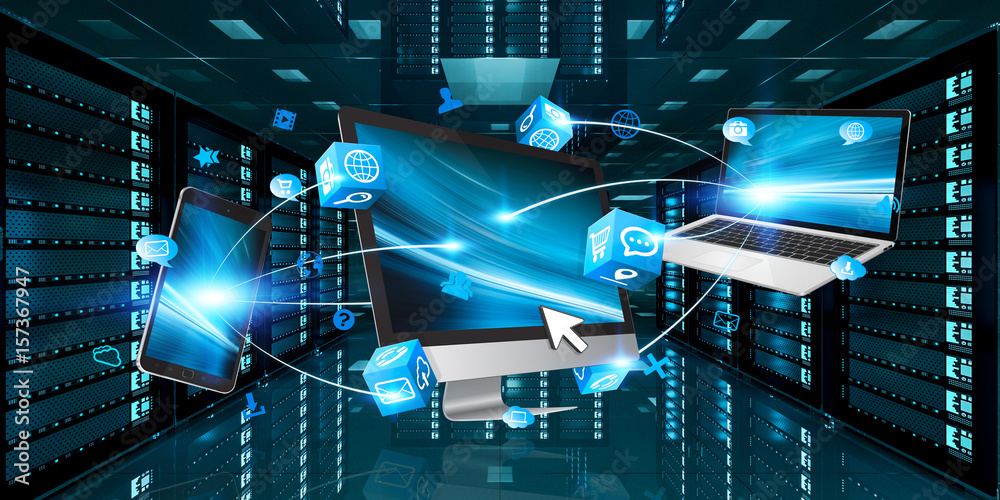 Wall mural devices connected on server room data center 3d rendering