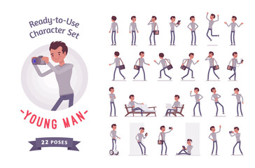 Ready-to-use young man character set, various poses and emotions