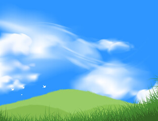 Beautiful green grass with blue sky and cloud scene vector nature landscape background