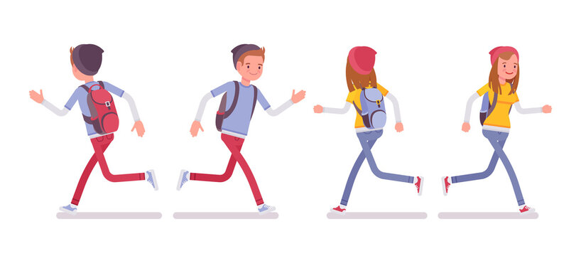 Teenager boy and girl in running pose