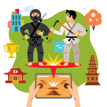 Vector Abstract virtual combat mobile game. Flat style colorful Cartoon illustration.