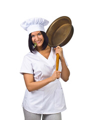 young woman in chef uniform with pan isolated on white