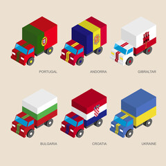 Set of isometric 3d cargo trucks with flags
