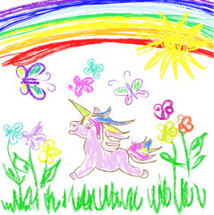 Kids Doodles hand drawing unicorn  running on  grass