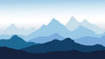 Fototapeten Panoramablick auf die Berglandschaft mit Nebel im Tal unten mit dem blauen Himmel des Alpenglühens - Vektor © Forgem