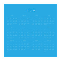 Vector calendar - Year 2018. Week starts from Sunday. Simple flat vector illustration with white numbers and letters on white blue background.
