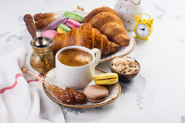Coffee and croissants breakfast, flay lay style