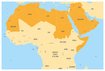 Arab World states political map with orange higlighted 22 arabic-speaking countries of the Arab League. Northern Africa and Middle East region. Vector map with blue water and yellow lands.