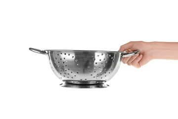 Woman holding colander for cooking classes on white background - obrazy, fototapety, plakaty