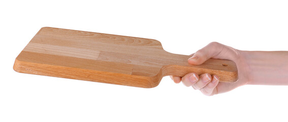 Woman holding wooden board for cooking classes on white background
