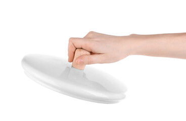 Woman holding cap for cooking classes on white background