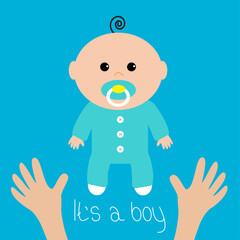Baby shower card. It's a boy. Two human hands. Mother care. Flat design style. Blue background.