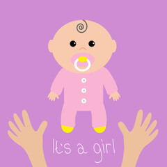 Baby shower card. It's a girl. Two human hands. Mother care. Flat design style. Purple background. Isolated.