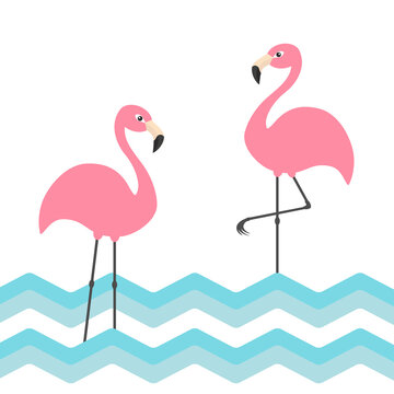 Pink flamingo family set. Blue sea ocean water zigzag wave. Exotic tropical bird. Zoo animal collection. Cute cartoon character. Decoration element. Flat design. White background.