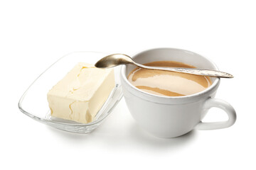 Composition with tasty butter coffee on white background