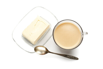 Composition with tasty butter coffee on white background
