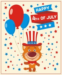 Happy 4th of july! Funny kitten cat with balloons for independence day USA.