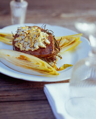 Steak with goat cream cheese